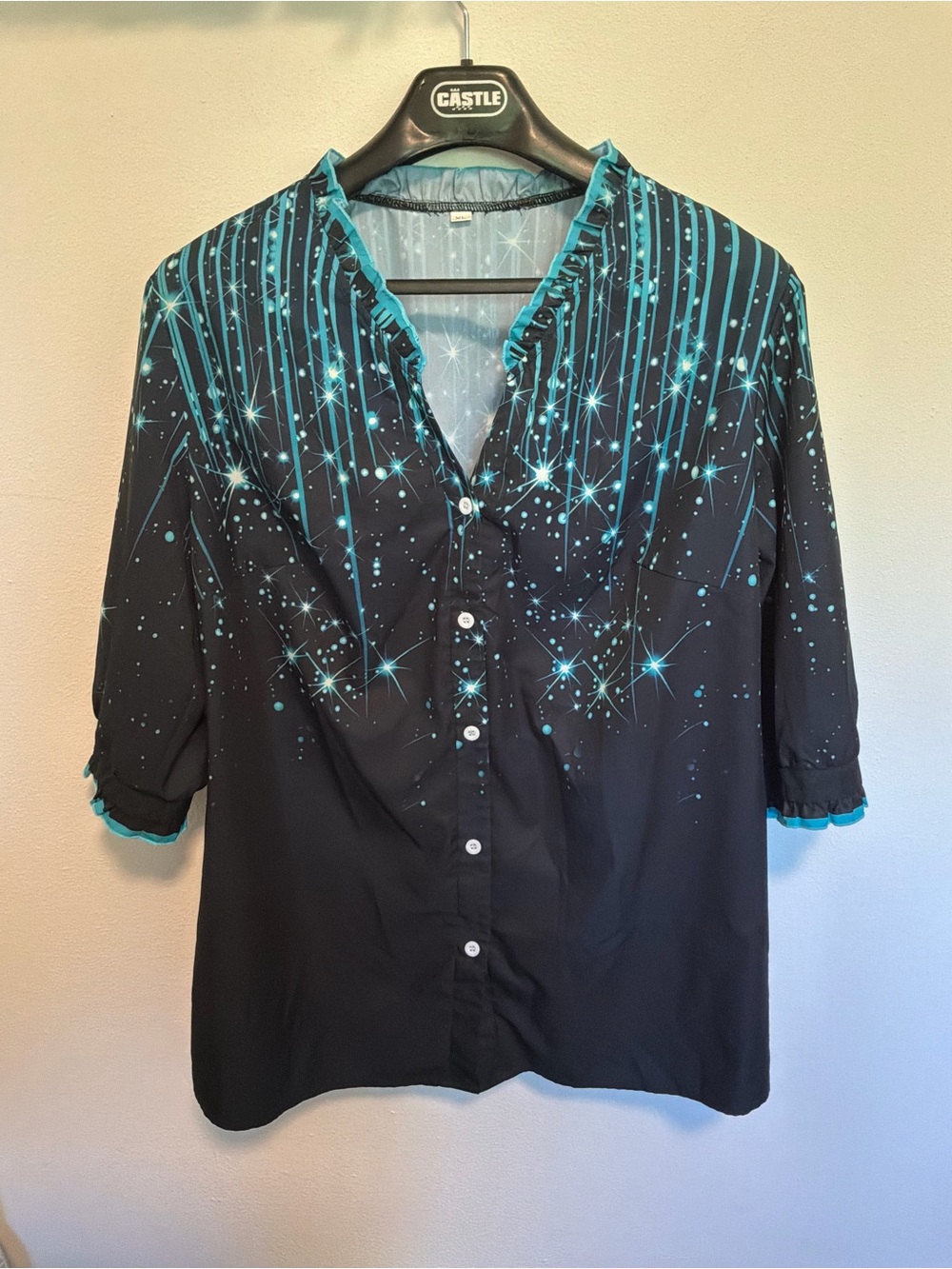 Modlily Women's Black + Teal Print Button Down 3/4 Sleeve Shirt Women’s XL